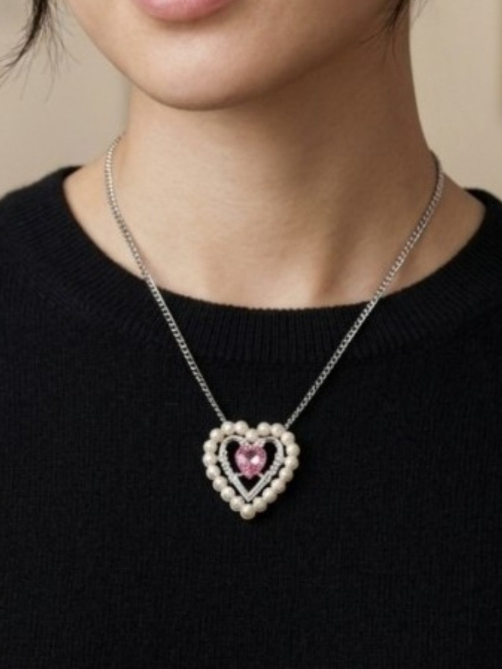 Vintage 1974 Avon Dear Heart Necklace Silver Tone Pink Faux Pearl Rhinestone